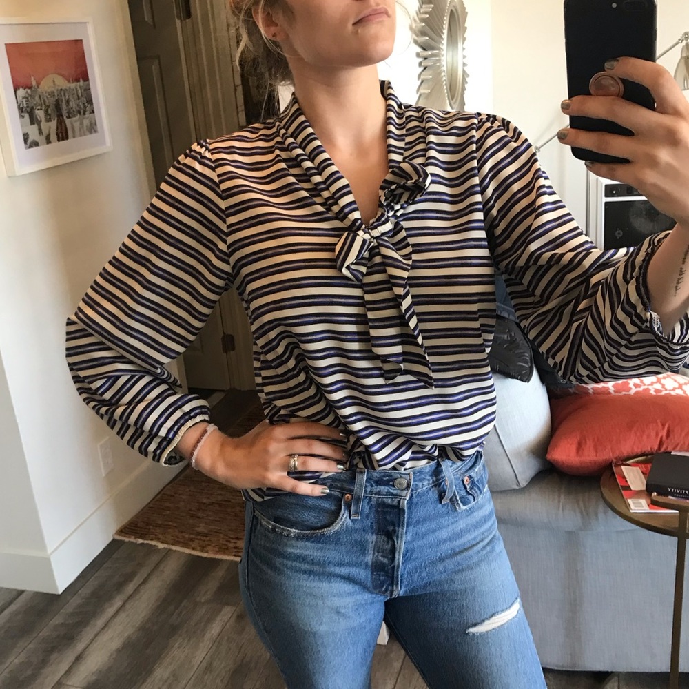 SOLD - EVERLY Blue White Striped Bow-Tie Blouse
